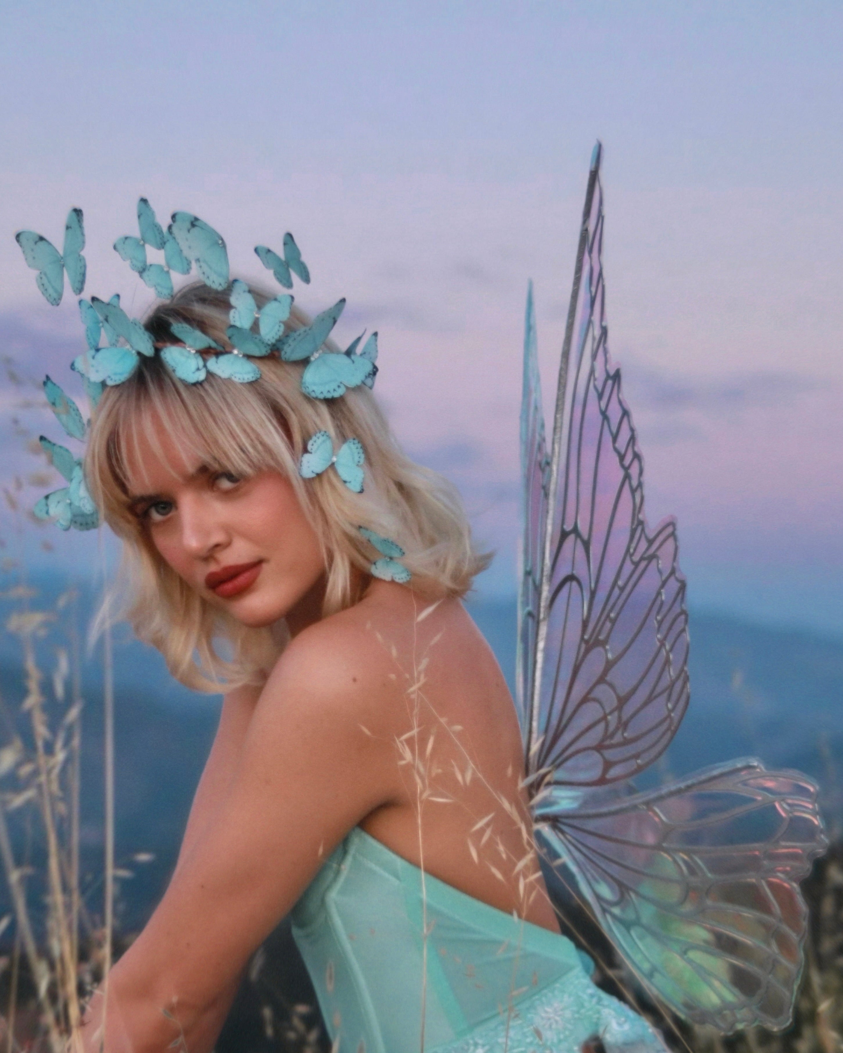 Person in fairy costume with wings and headpiece sitting in a field with mountains in the background