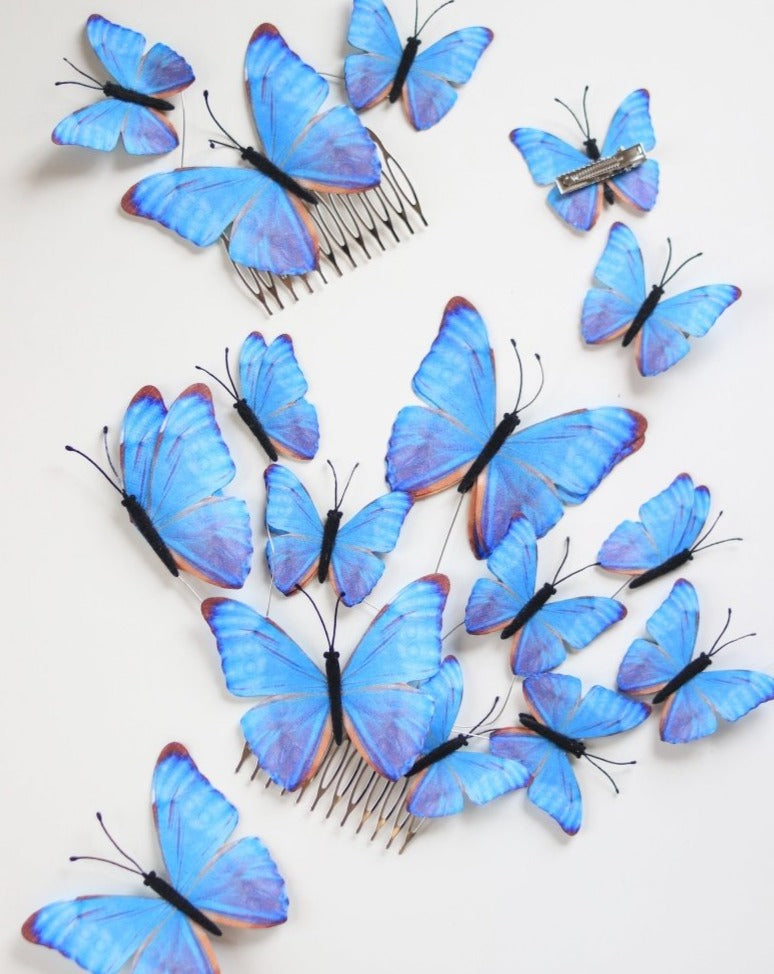 Electric Desert Blue Morpho Butterfly Hair Comb Clip Set - Wild & Free Jewelry