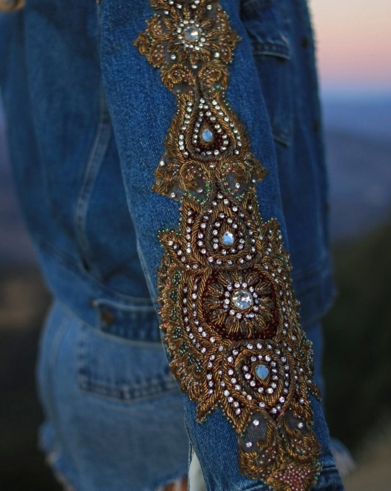 Embellished Levi Sherpa Jacket | Indian Beadwork | Size XS | Ready to Ship - Wild & Free Jewelry